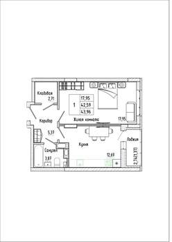 1-к квартира, строящийся дом, 44м2, 9/17 этаж
