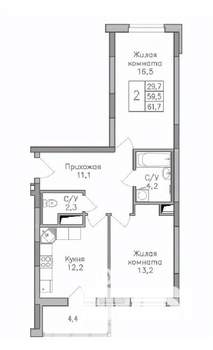 2-к квартира, строящийся дом, 62м2, 20/25 этаж