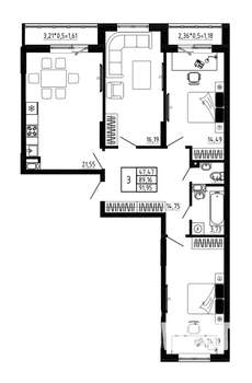 3-к квартира, вторичка, 92м2, 13/17 этаж