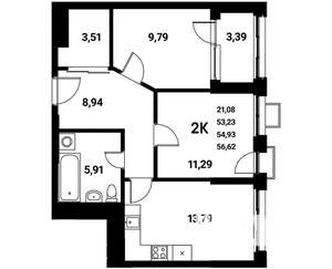 2-к квартира, строящийся дом, 55м2, 4/21 этаж