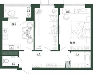 2-к квартира, строящийся дом, 56м2, 8/13 этаж