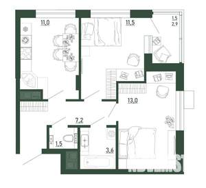 2-к квартира, строящийся дом, 50м2, 11/13 этаж