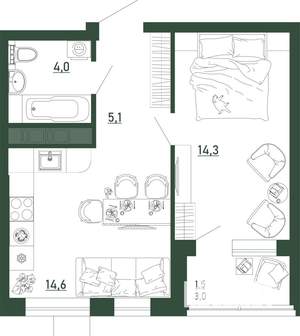1-к квартира, строящийся дом, 40м2, 2/13 этаж
