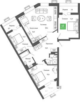 4-к квартира, строящийся дом, 104м2, 7/14 этаж