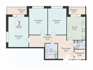 3-к квартира, вторичка, 89м2, 8/18 этаж