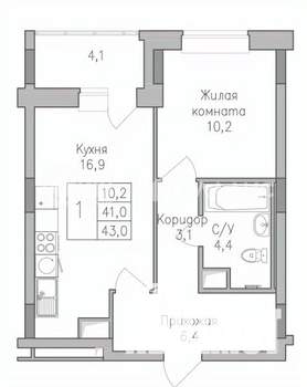 1-к квартира, строящийся дом, 43м2, 6/10 этаж