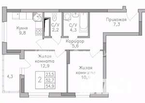 2-к квартира, строящийся дом, 55м2, 13/25 этаж