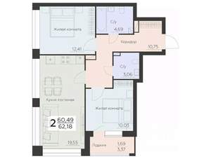 2-к квартира, вторичка, 62м2, 4/16 этаж