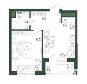 1-к квартира, строящийся дом, 39м2, 2/13 этаж