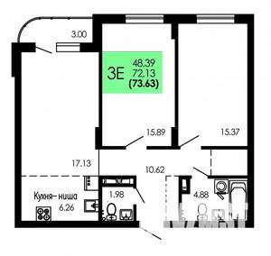 3-к квартира, строящийся дом, 74м2, 6/9 этаж