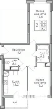 2-к квартира, строящийся дом, 62м2, 15/25 этаж