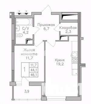1-к квартира, строящийся дом, 46м2, 3/25 этаж