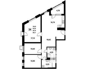 3-к квартира, вторичка, 86м2, 5/21 этаж