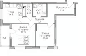 2-к квартира, строящийся дом, 55м2, 7/25 этаж
