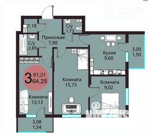 3-к квартира, вторичка, 64м2, 6/18 этаж