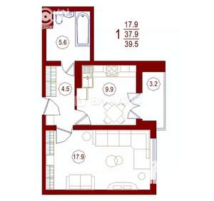 1-к квартира, вторичка, 38м2, 6/17 этаж