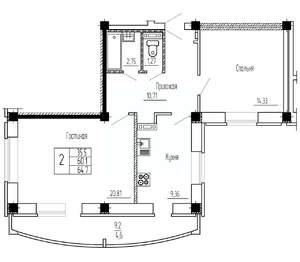 2-к квартира, строящийся дом, 65м2, 13/16 этаж