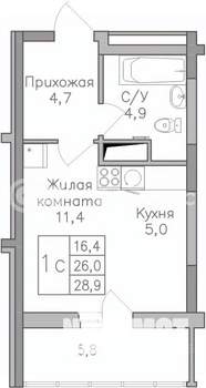 Студия квартира, строящийся дом, 29м2, 8/25 этаж