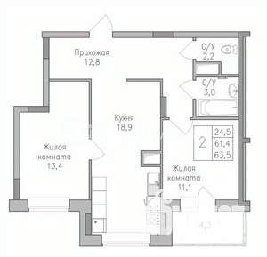 2-к квартира, строящийся дом, 64м2, 9/10 этаж
