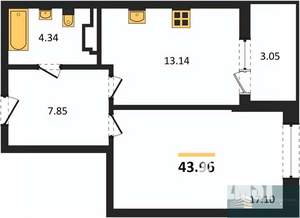1-к квартира, вторичка, 44м2, 11/24 этаж