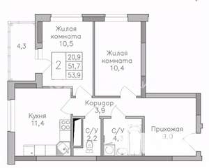 2-к квартира, строящийся дом, 54м2, 9/25 этаж