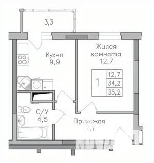 1-к квартира, строящийся дом, 35м2, 23/25 этаж
