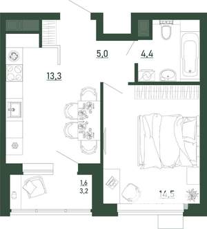 1-к квартира, строящийся дом, 39м2, 4/13 этаж