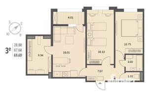 2-к квартира, строящийся дом, 70м2, 5/18 этаж