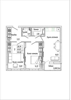 2-к квартира, строящийся дом, 63м2, 15/17 этаж