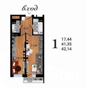 1-к квартира, строящийся дом, 42м2, 17/27 этаж