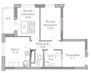 2-к квартира, строящийся дом, 54м2, 14/25 этаж
