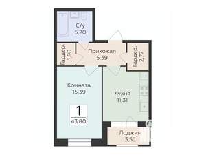 1-к квартира, строящийся дом, 44м2, 2/18 этаж