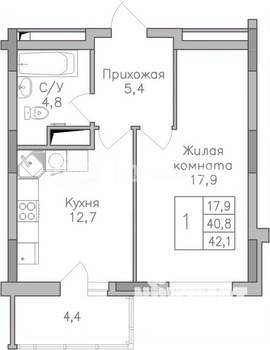 1-к квартира, строящийся дом, 42м2, 24/25 этаж