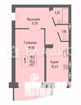 1-к квартира, вторичка, 46м2, 12/16 этаж