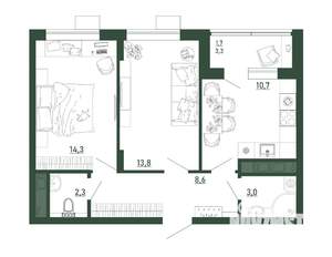 2-к квартира, строящийся дом, 54м2, 2/13 этаж