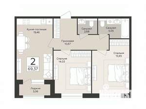 2-к квартира, строящийся дом, 69м2, 1/8 этаж