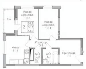 2-к квартира, строящийся дом, 54м2, 15/25 этаж