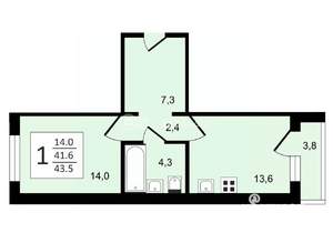 1-к квартира, строящийся дом, 44м2, 5/17 этаж