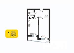 1-к квартира, строящийся дом, 45м2, 2/25 этаж
