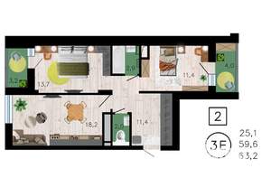 2-к квартира, вторичка, 63м2, 18/21 этаж