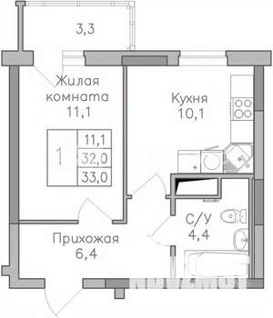 1-к квартира, строящийся дом, 33м2, 23/25 этаж