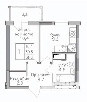 1-к квартира, строящийся дом, 32м2, 21/25 этаж