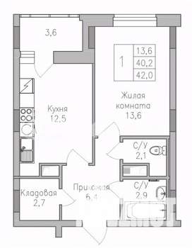 1-к квартира, строящийся дом, 42м2, 7/10 этаж