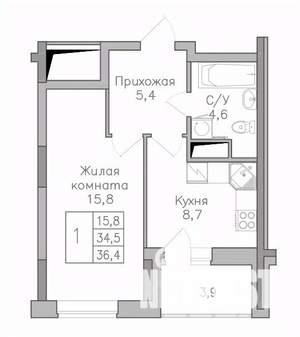 1-к квартира, строящийся дом, 36м2, 15/25 этаж