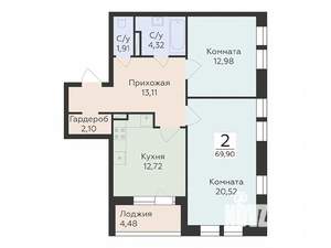 2-к квартира, вторичка, 70м2, 13/24 этаж