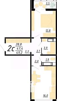 2-к квартира, строящийся дом, 49м2, 4/20 этаж