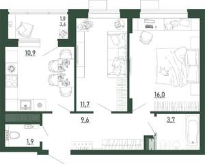 2-к квартира, строящийся дом, 56м2, 5/13 этаж