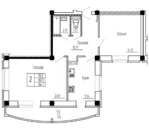 2-к квартира, строящийся дом, 65м2, 10/16 этаж