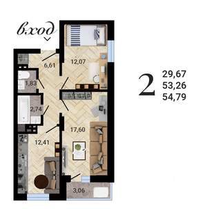 2-к квартира, строящийся дом, 55м2, 24/27 этаж