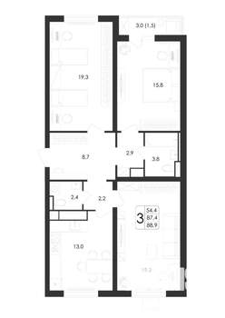 3-к квартира, вторичка, 89м2, 3/19 этаж